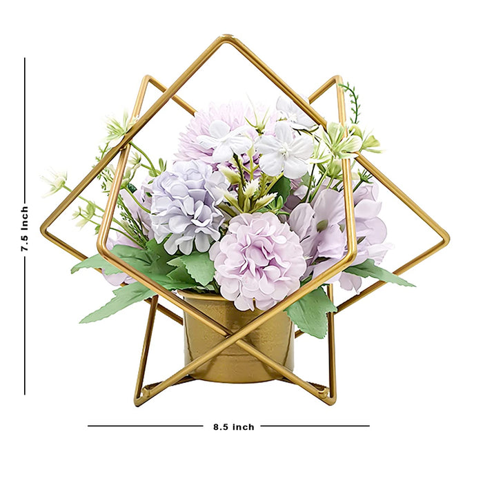 Artificial Plants with Hexagonal Shape Metal Pot Brass Gold Artificial Pots with Flowers ( Size - 7.5 x 8.5 Inch )