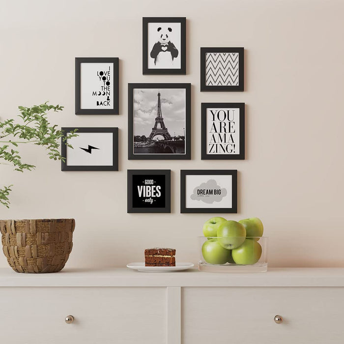 Set of 8 Theme Wall Quotes Photo Frames (Themes - You are Amazing :: Good Vibes Only :: Dream Big :: Love :: Panda, Color - Black)