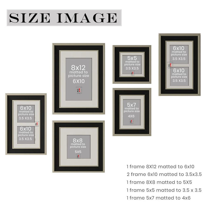 Art Street Set-of 6 Bait Premium 3D Photo Frame for Home Décor (Black-Silver, 8"x12", 6"x10", 8"x8", 5"x5", 5"x7" )