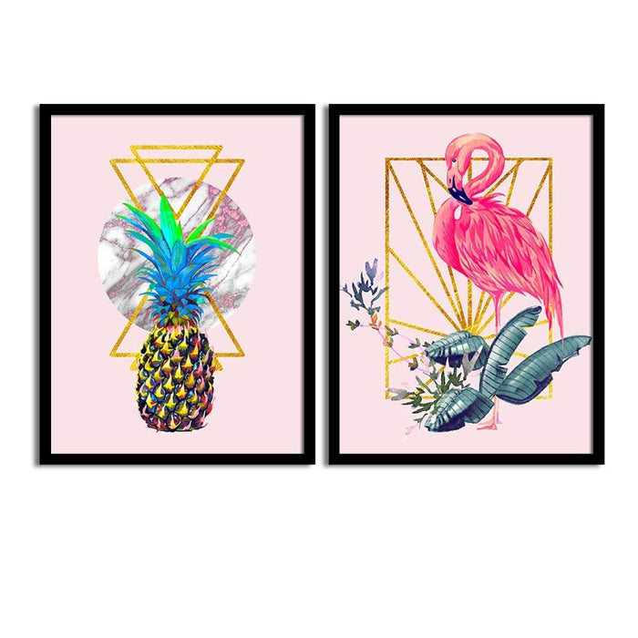 Pink Flamingo Pineapple Matte Art Print, Painting for Home Décor Set of 2