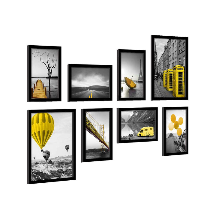 Art Street Set of 8 Framed Painting of Travel Theme for Living Room Decoration (Black Frame, 2 Units A3 and 6 Units A4)