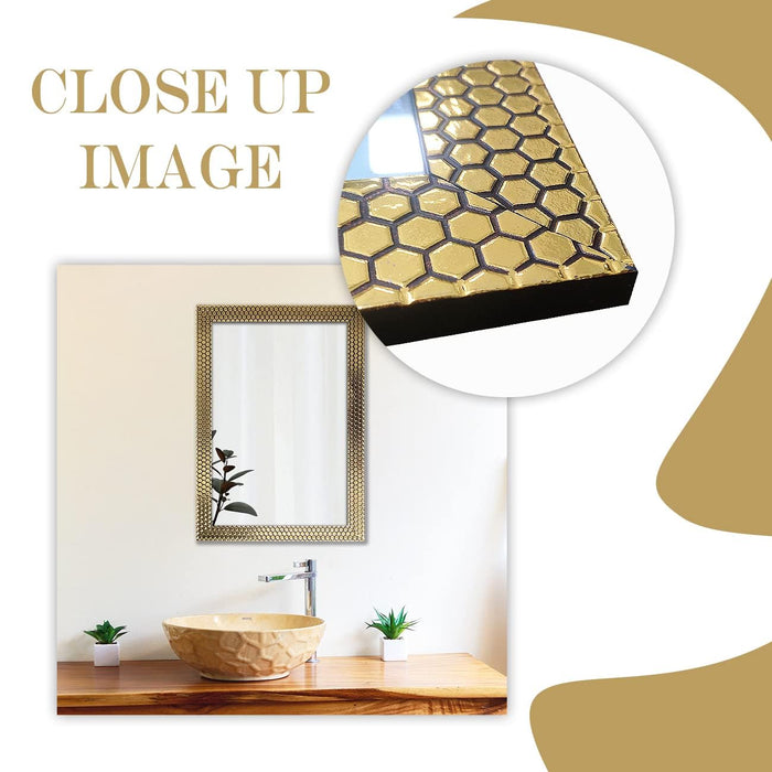 Art Street Honeycomb Design Decorative Wall Rectangular Makeup Mirror, Decorative Looking Glass with Frame for Home (19.4x13.4 Inches, Golden)