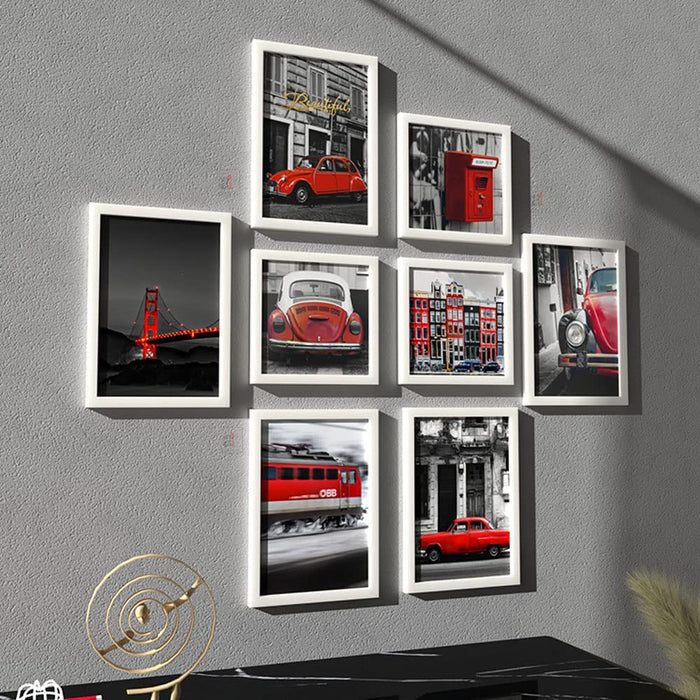 Art Street Wall Décor Bar Red Car and Building Set of 8 Framed Art Prints Paintings for Home Gallery, Bedroom, Living Room & Office (Size - 5 - 8 x 12 & 3 - 8 x 8 Inches)