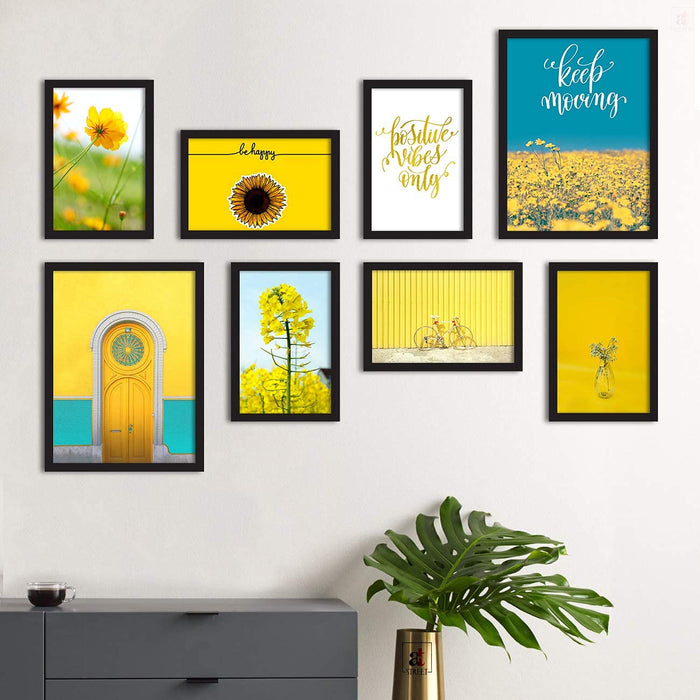 Art Street Sunshine Senorita -Yellow Background Framed Posters, Set of 8 Black Frame Art Prints / Posters for Living Room (6 Units A4 & 2 Units A3)