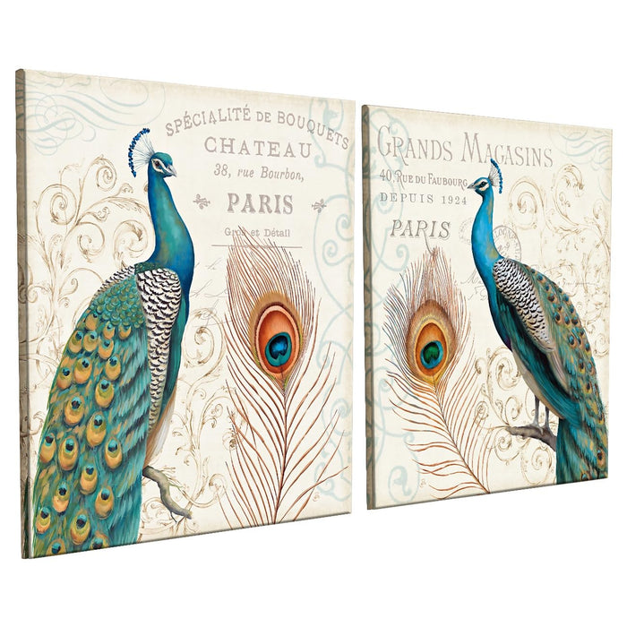 Art Street Decorative Peacock Stretch Canvas Painting for Home Décor (Set of 2, 12 X 12 Inches)