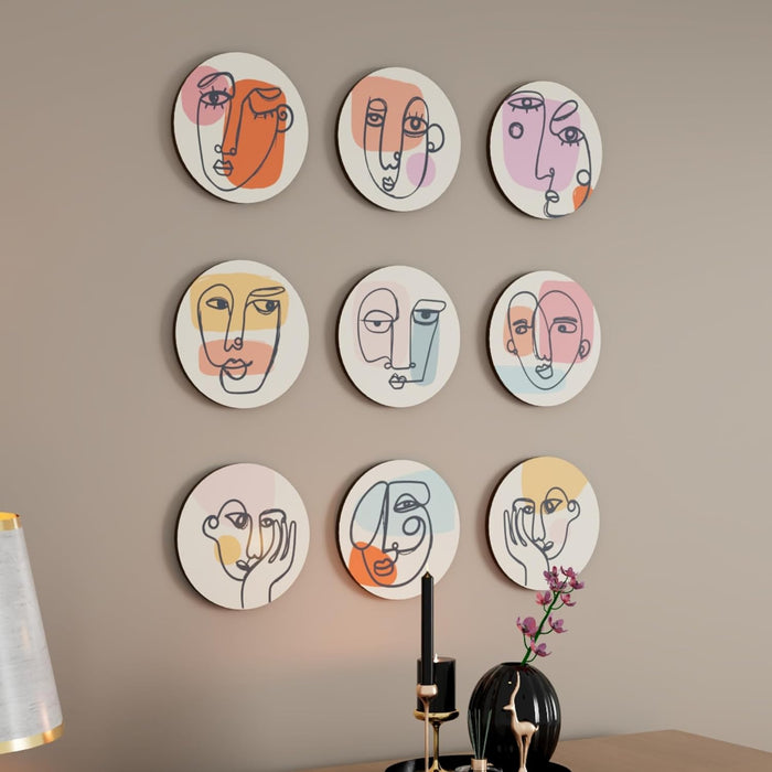 Art Street MDF Abstract Lines Woman Face Wall Art Print, Modern Round Wall Plate, Decorative Home Décor for Living Room, Bedroom & Office - Pink (Set of 9, Size: 7.65x7.65 Inch)
