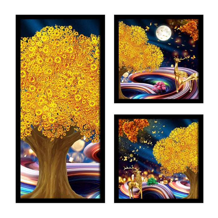 Art Street Golden Tree Framed Posters for Room Decoration, Set of 3 Black Nature's Glow Frame Art Prints (1 Units 22 x 47 cm, 2 Units 22 x 22 cm)