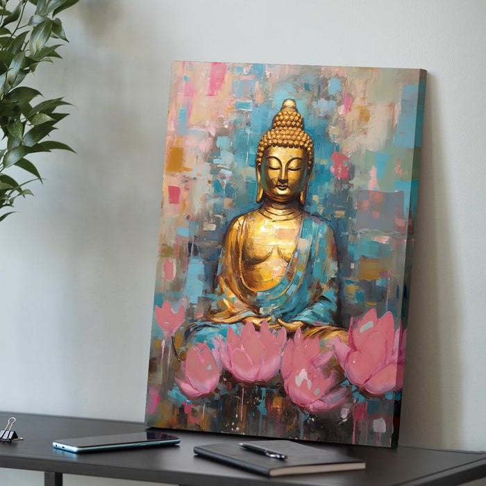 Art Street Stretched On Frame Canvas Painting Peaceful Lord Buddha with Flowers Art For RoomDécor Abstract Art (Size: 16x22 Inch)