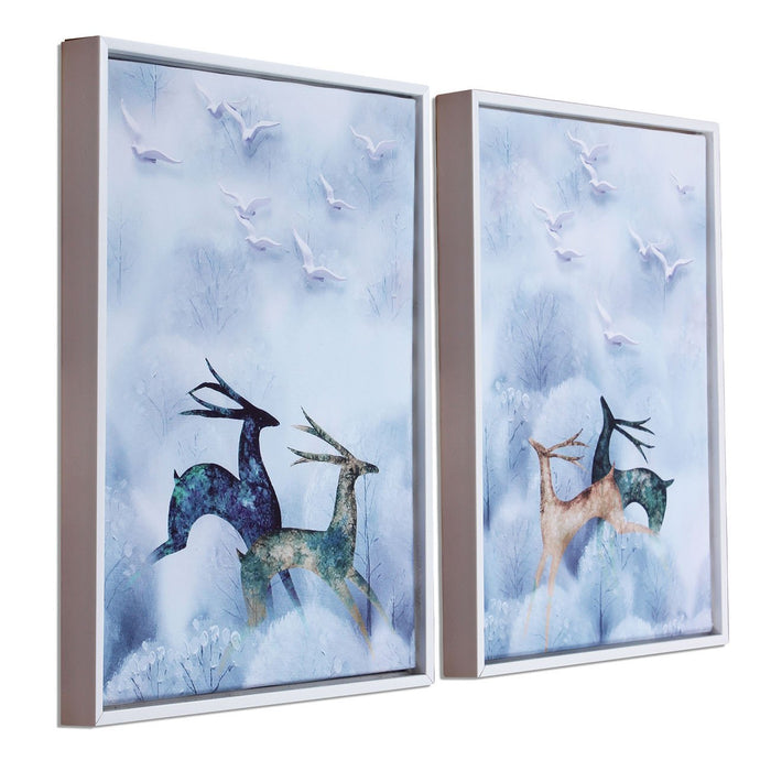 White & Blue Running Deer Framed Canvas Painting Set of 2 Wall Art Print -13x17 inch