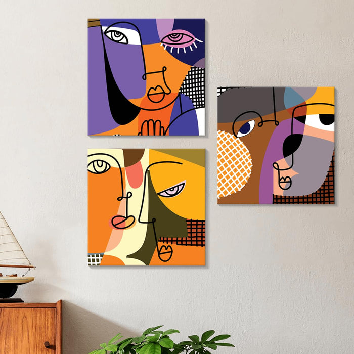 Art Street Stretched Canvas Painting Abstract face of person line art for Living Room (Set of 3, Size: 12x12 Inch)