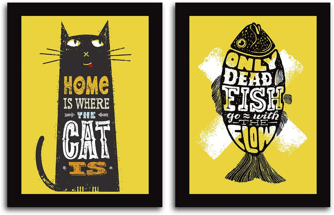 Motivational Quote 2 Poster Set With Frame # ONLY Dead Fish GO With Flow