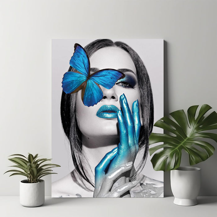 Art Street Stretched On Frame Canvas Painting Women with Blue Butterfly Art (Size: 16x22 Inch)