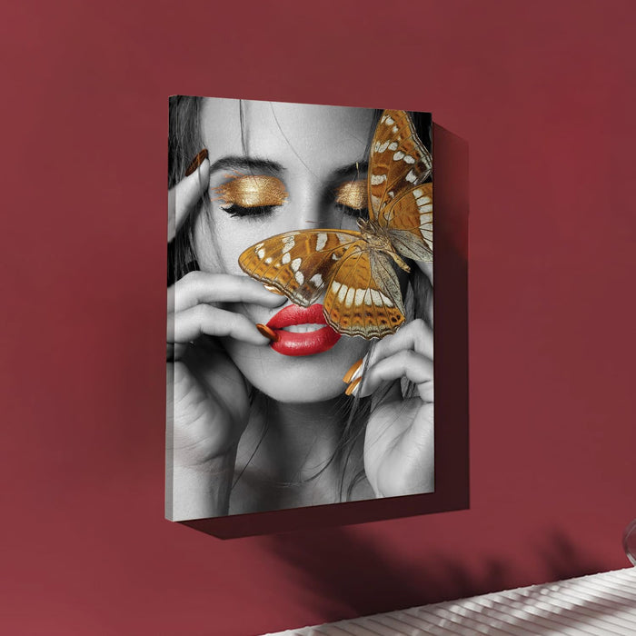 Art Street Stretched On Frame Canvas Painting Lady with Butterfly Art (Size: 16x22 Inch)