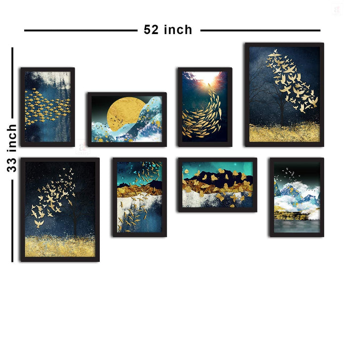 Art Street Framed Painting/Posters of Ocean Galaxy for Room Decoration, Set of 8 Black Frame Art Prints/Posters for Living Room (2 Units A3 & 6 Units A4)