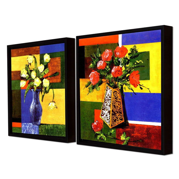 Red & Yellow Floral Print with Pot Framed Canvas Painting