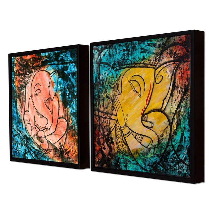 Religious Ganesh Ji Framed Canvas Painting Wall Art Print -13x13 inch - Set of 2