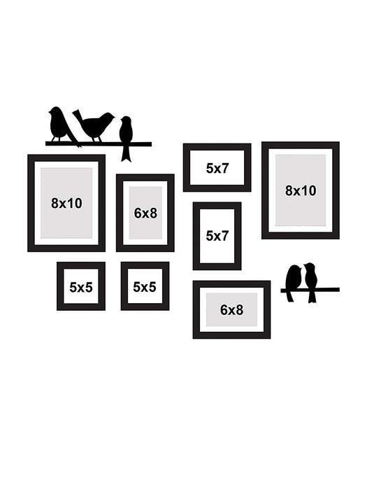 8 Individual Black Wall Photo Frames With Love-Bird's Design MDF Plaque ( Sizes 5" x 5", 5" x 7", 6" x 8", 8" x 10" )