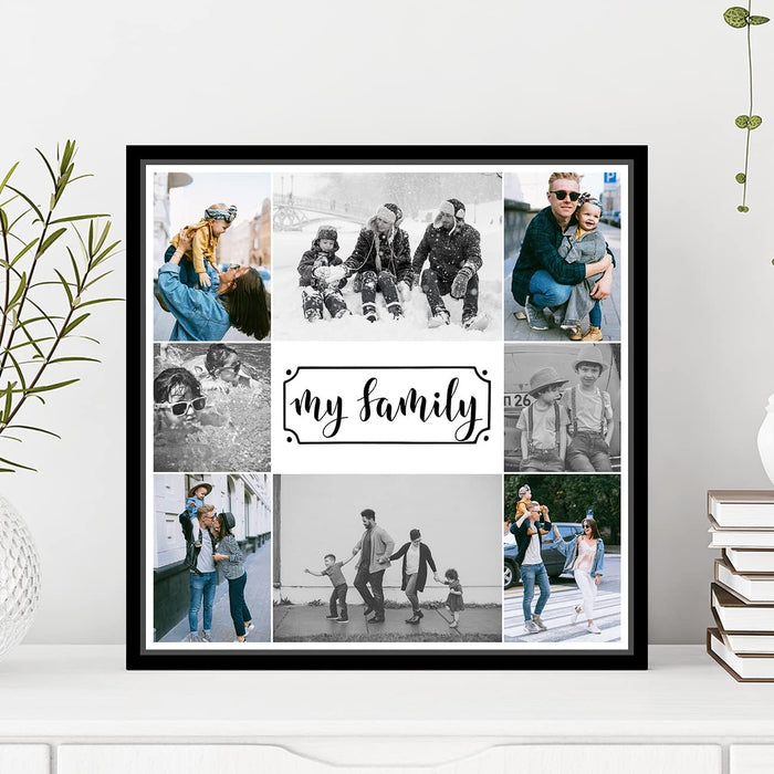 SNAP ART Personalized Gift Canvas Collage Print With 8 Images And My Family Texts (13x13 Inch, Black)