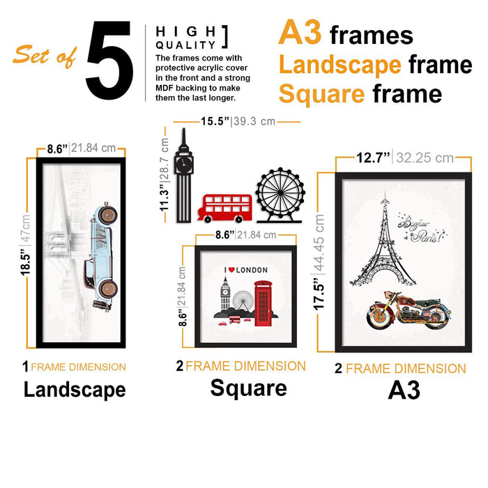 Art Street Set of 5 Car Theme Art Prints/Posters with City Theme MDF Plaque for Living Room and Home Decoration (Size - 20 x 55 Inchs)