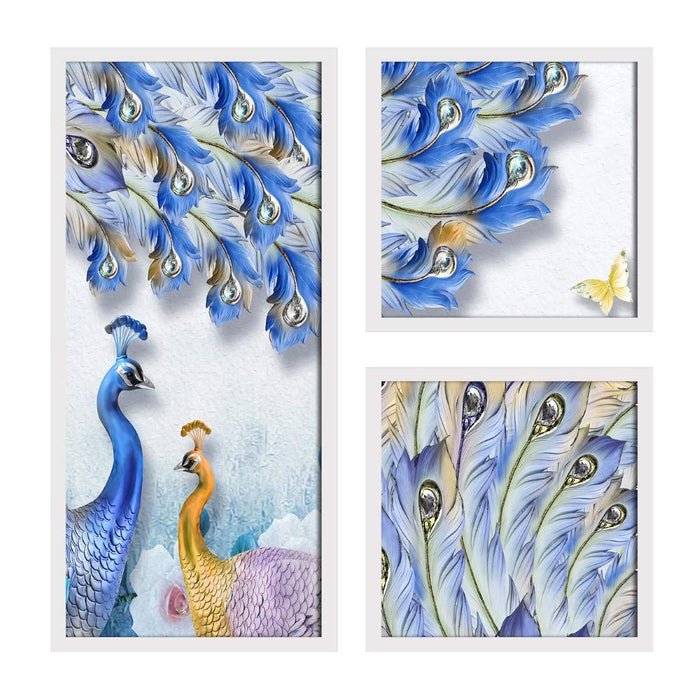 Peacock Butterfly Theme in Framed Printed Set of 3 Wall Art Print, Painting