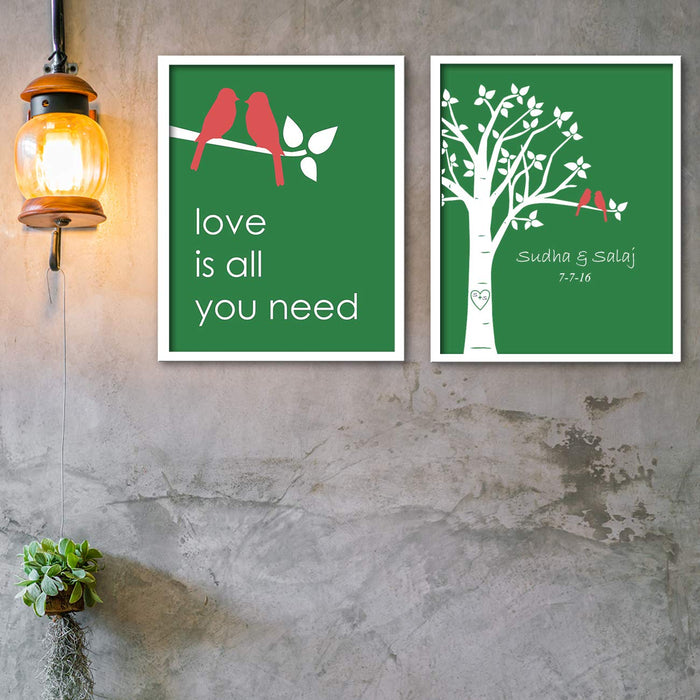 Art Street Personalized Green Love Birds Wedding Date & Name Display Art Print Set of 2- Personalized Anniversary,Valentines Day Gift For Couple:- Digitally Printed - 5X5 ||3X17 Inches