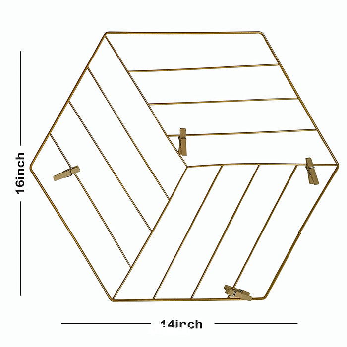Art Street Hexagon Shape DIY Metal Photo grid wall for photo hanging, wall decoration and display (size- 35 x 40 cm) -Photo clips included-Gold Color Hexagonal