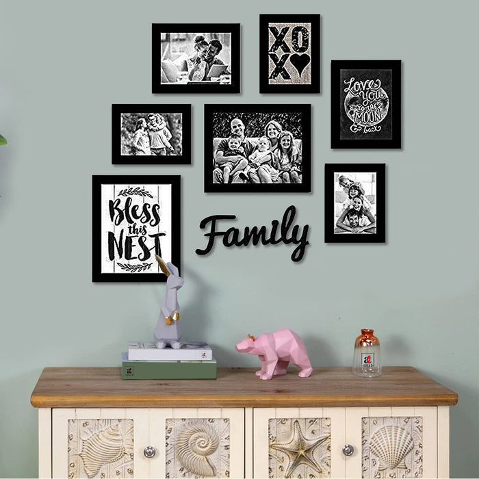Art Street Decorative Premium Set of 7 Individual Wall Photo Frame with Family MDF Wall Plaque - Black