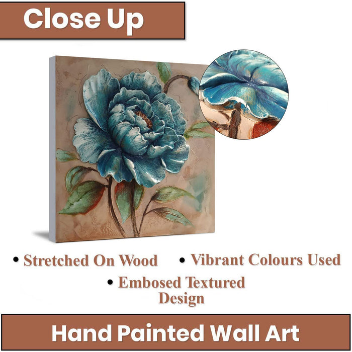 Art Street Canvas Floral Hand Painted Wall Painting Embossed Textured Wooden Decorative Art Original Oil Painting For Home Wall Decoration (Blue, 31x31 Inches)