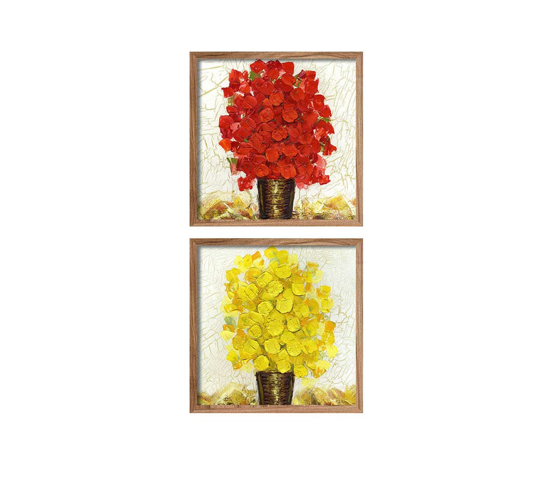 Red & Yellow Floral Art Print Framed Canvas Painting Set of 2 -Size;-13x13Inches