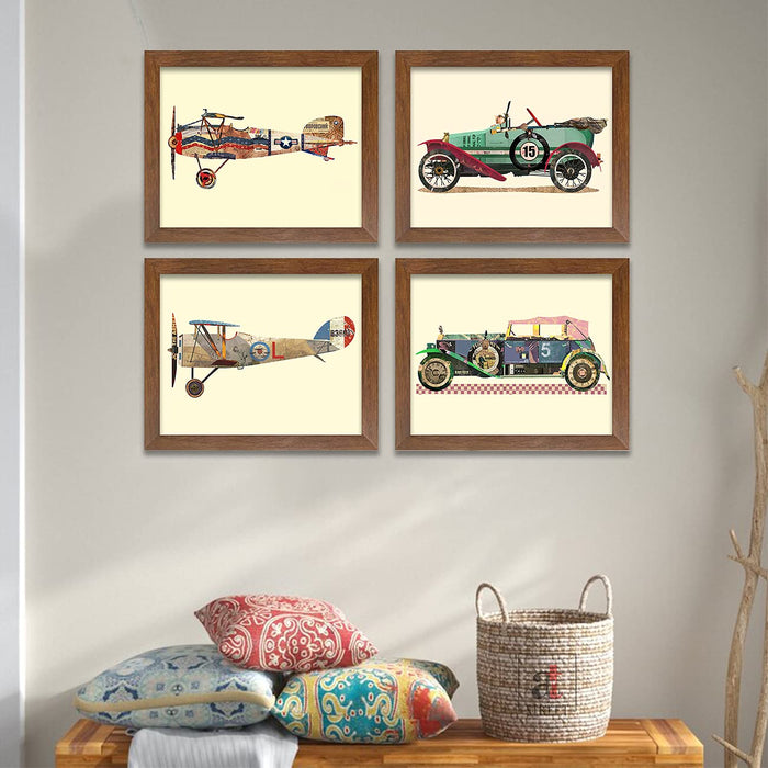 Art Street Vintage Aeroplane Car MDF Wood Framed Painting/Decoration Posters for Living Room (4 Unit, 8x10 Inches, Brown)- Aeroplane & Car