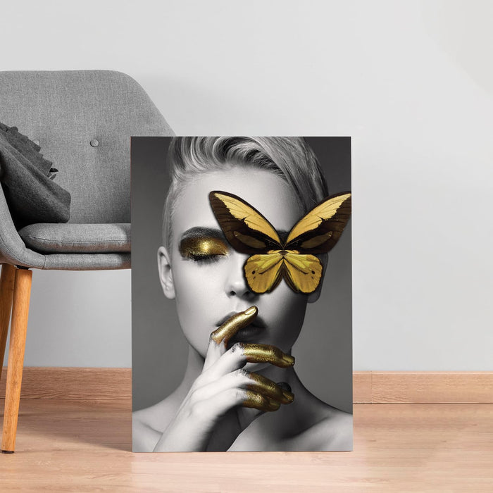 Art Street Stretched On Frame Canvas Painting Women with Gold Butterfly Art (Size: 16x22 Inch)
