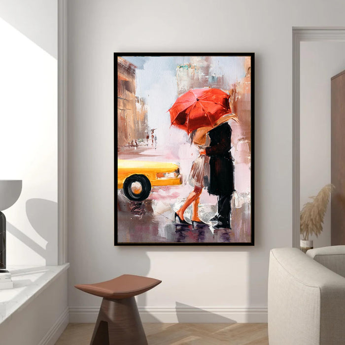 Art Street Canvas Painting Beautiful Couple Under the Red Umbrella on Street Framed For Living Room (Size: 23x35 Inch)