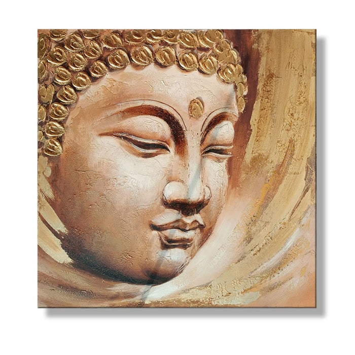 Art Street Canvas Peaceful Buddha Hand Painted Wall Painting Stretched On Wood Foiling Embossed Textured Wooden Decorative Art Original Oil Painting For Home Wall Decoration (Gold, 31x31 Inches)