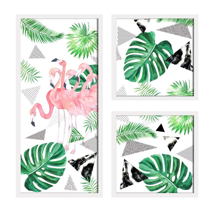 Art Street Flamingo Theme in Framed Printed Set of 3 Wall Art Print, Painting