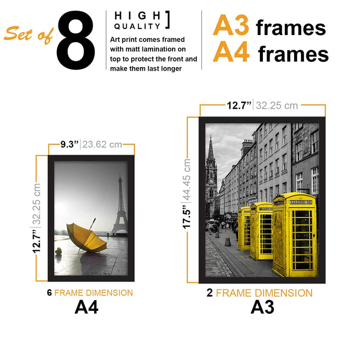 Art Street Set of 8 Framed Painting of Travel Theme for Living Room Decoration (Black Frame, 2 Units A3 and 6 Units A4)