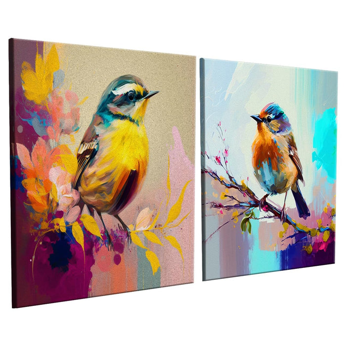 Art Street Colorfull Birds Stretched Canvas Paintings for Home Décor (Multicolor, Set of 2, 12 X 12 Inches)