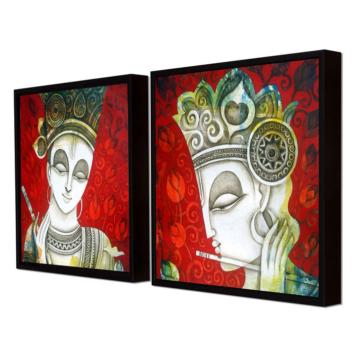 Sri Krishna Theme in Red Background Framed Canvas Painting