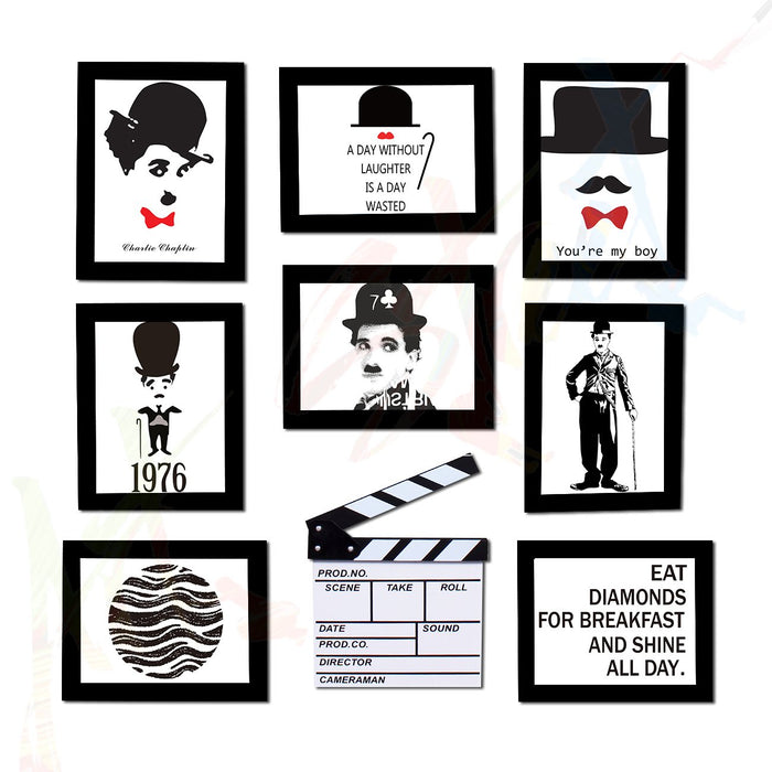 Charlie Chaplin set of 8 individual Black wall photo frame with prints + white movie action board Black ( Size 6x8)