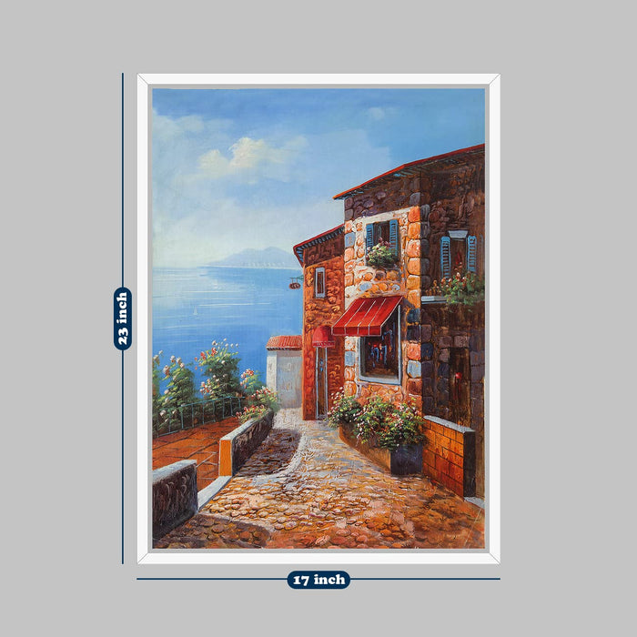 Art Street Brown Color House Theme Canvas Painting with Wooden Frame (Size - 23 x 17 Inch, Color - Brown)