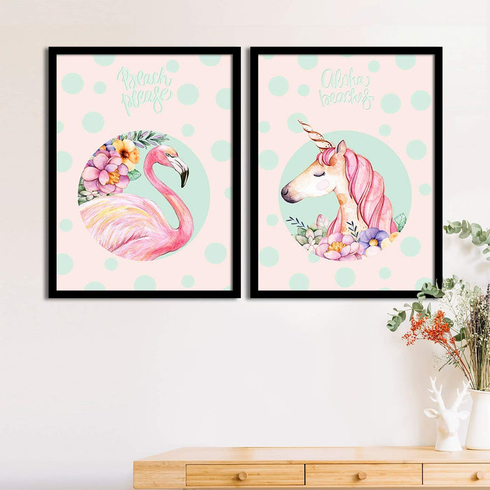 Art Street Pink Flamingo and Unicorn Matte Art Print, Painting for Home Décor Set of 2