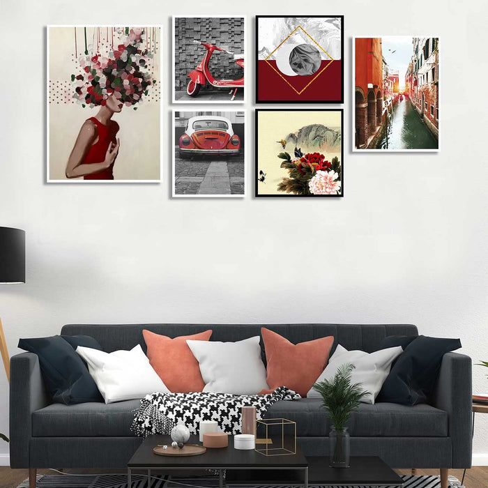 Art Street Set of 6 Cranberry Red Flower Girls Painting for Living Room Decoration Black & White Framed Canvas Print for Home Décor (25 x 53 Inchs)