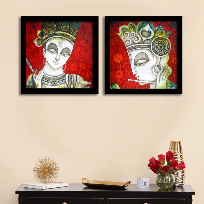 Art Street Artistic Sri Krishana Theme in Red Background Framed Set of 2 Framed Canvas Painting Art Print- 12x12 Inches