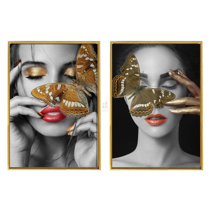 Art Street Woman Covers Face with Butterfly Wall Canvas Painting for Living Room, Bedroom, Home & Office Decoration, Decorative Modern Artwork Framed (Set of 2, 17 x 23 Inches)