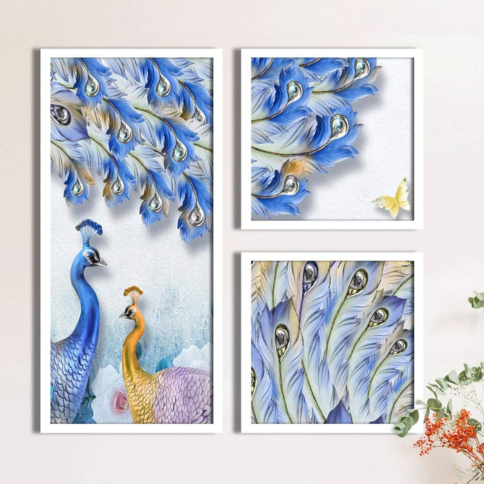 Peacock Butterfly Theme in Framed Printed Set of 3 Wall Art Print, Painting