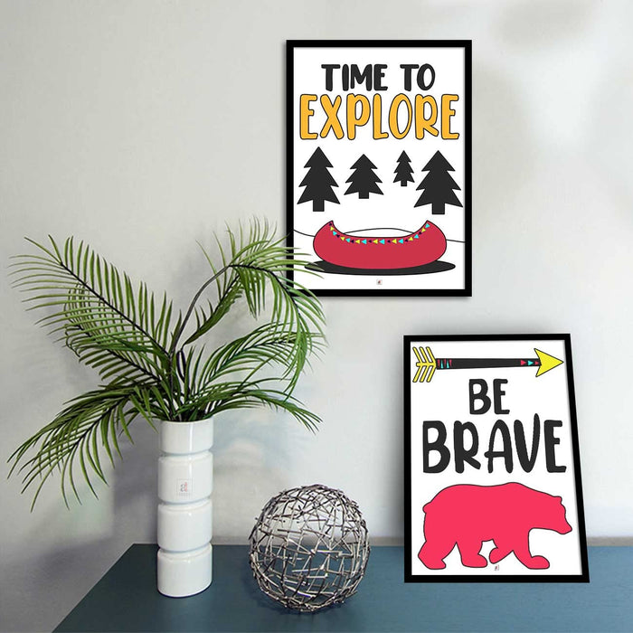 Motivational Art Prints Be Brave & Time to Explore Wall Art for Home, Wall Decor & Living Room Decoration (Set of 2, 17.5" x 12.5" )