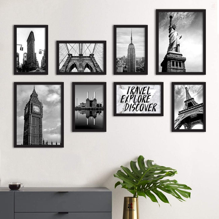 Art Street Set of 8 Travel Explore Discover Framed Painting for Room Decoration (Black Frame, 2 Units A3 & 6 Units A4)