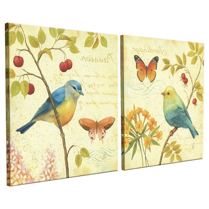 Art Street Decorative Jardin Birds Stretched Canvas Painting for Home Decor (Multicolor, Set of 2, 12 X 12 Inches)