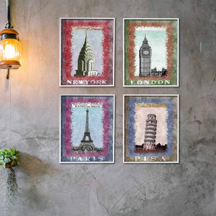 London York Paris Theme Set of 4 Framed Canvas