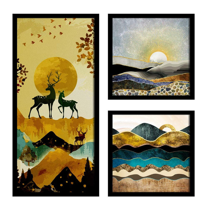 Forest Theme in Framed Printed Set of 3 Wall Art Print, Painting - ( BOHO collection)