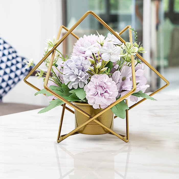 Artificial Plants with Hexagonal Shape Metal Pot Brass Gold Artificial Pots with Flowers ( Size - 7.5 x 8.5 Inch )